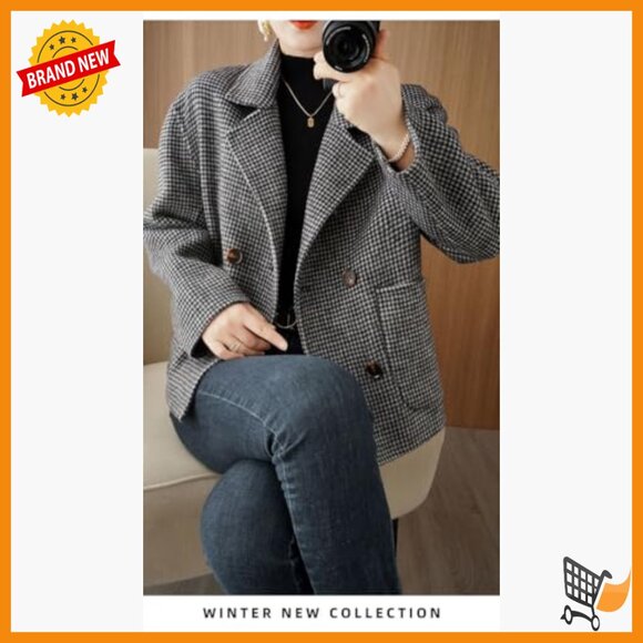 Cropped Wool Pea Coat Double Breasted Houndstooth Blazer Jacket - Picture 4 of 6